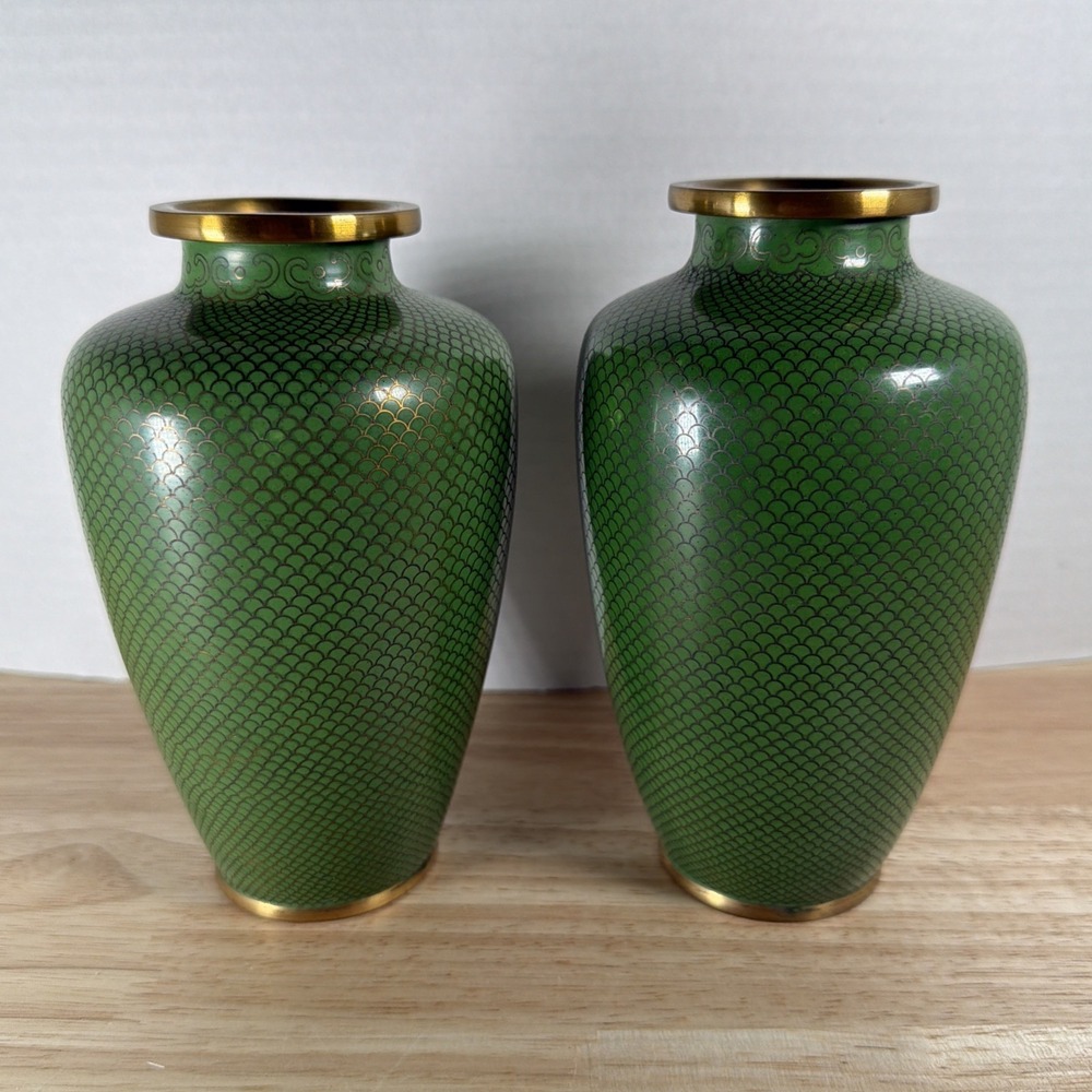 Vintage Chinese Cloisonne Enamel Vase Green Fish Scale Brass Pair 6"